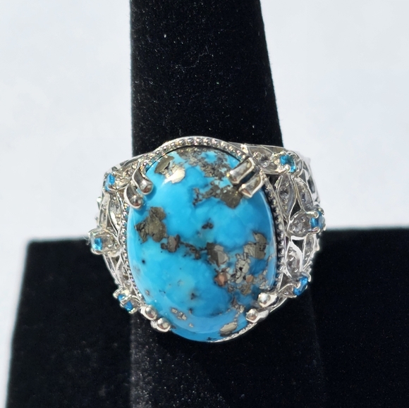 Genuine Turquoise & Neon Apatite 💍 w/White Sapphires in Platinum/925 Size 9 - Picture 8 of 12
